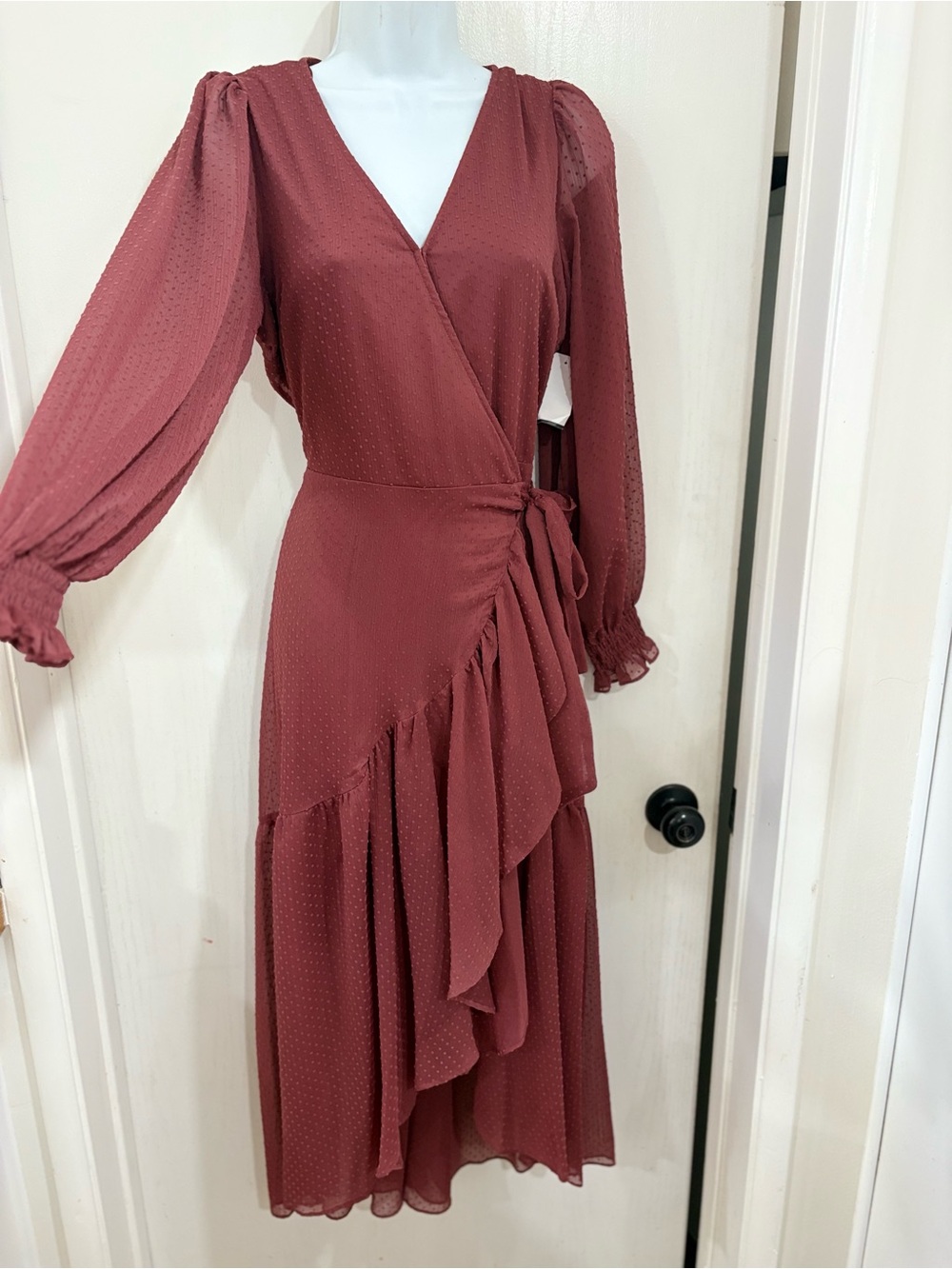 Women's bohemian ruffle minimalist Wrap Midi Dress in Dusty Rose